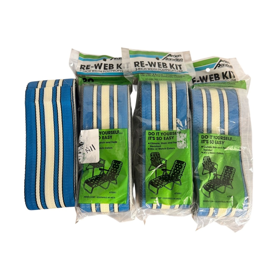 Arden Paradise 3 Inch Polypropylene Re-Web Kit Lawn Chair Repair Blue Stripe 4pk
